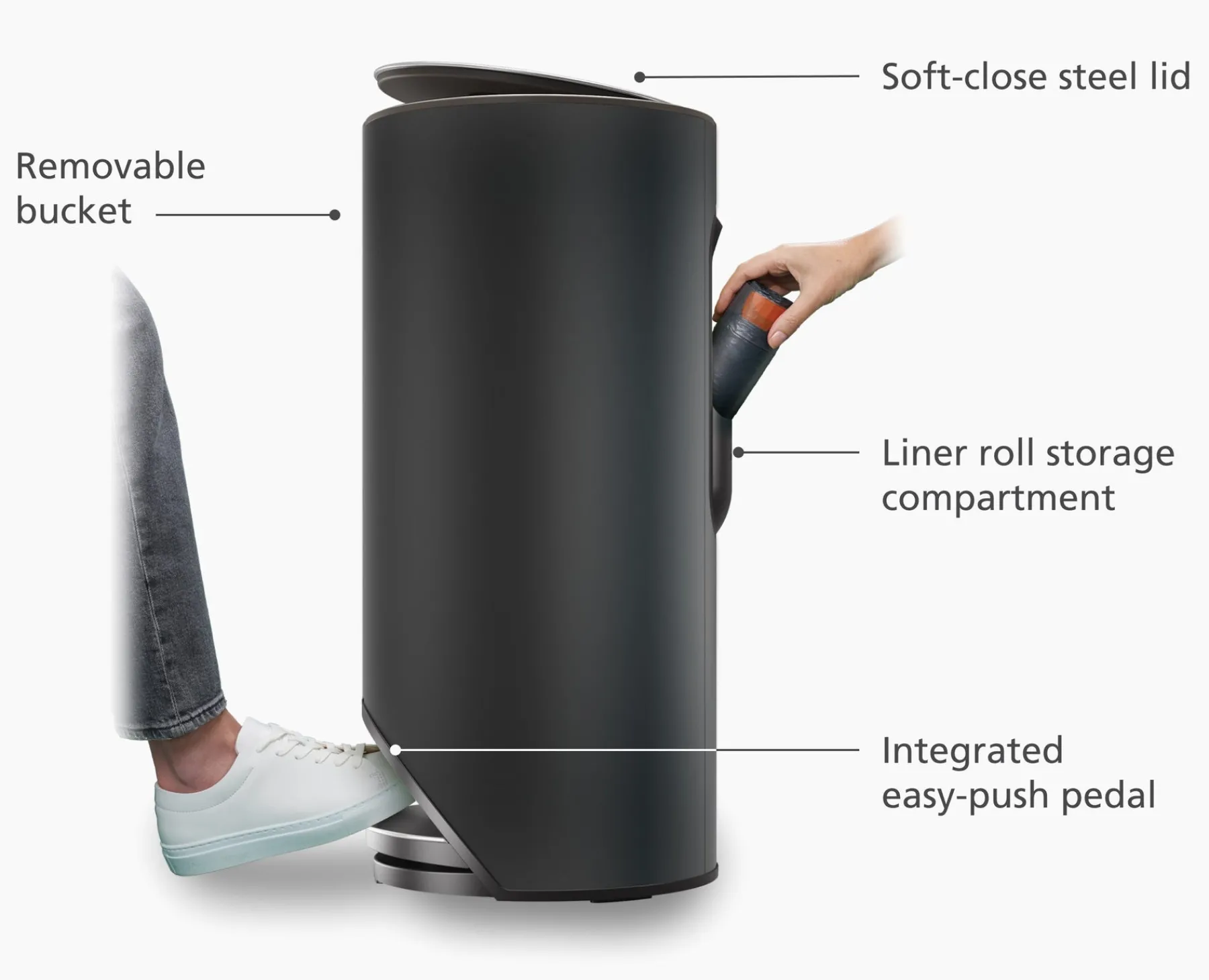 Trash Cans-Joseph Joseph Arc™ 30L Easy-push Matt Pedal Trash Can Black