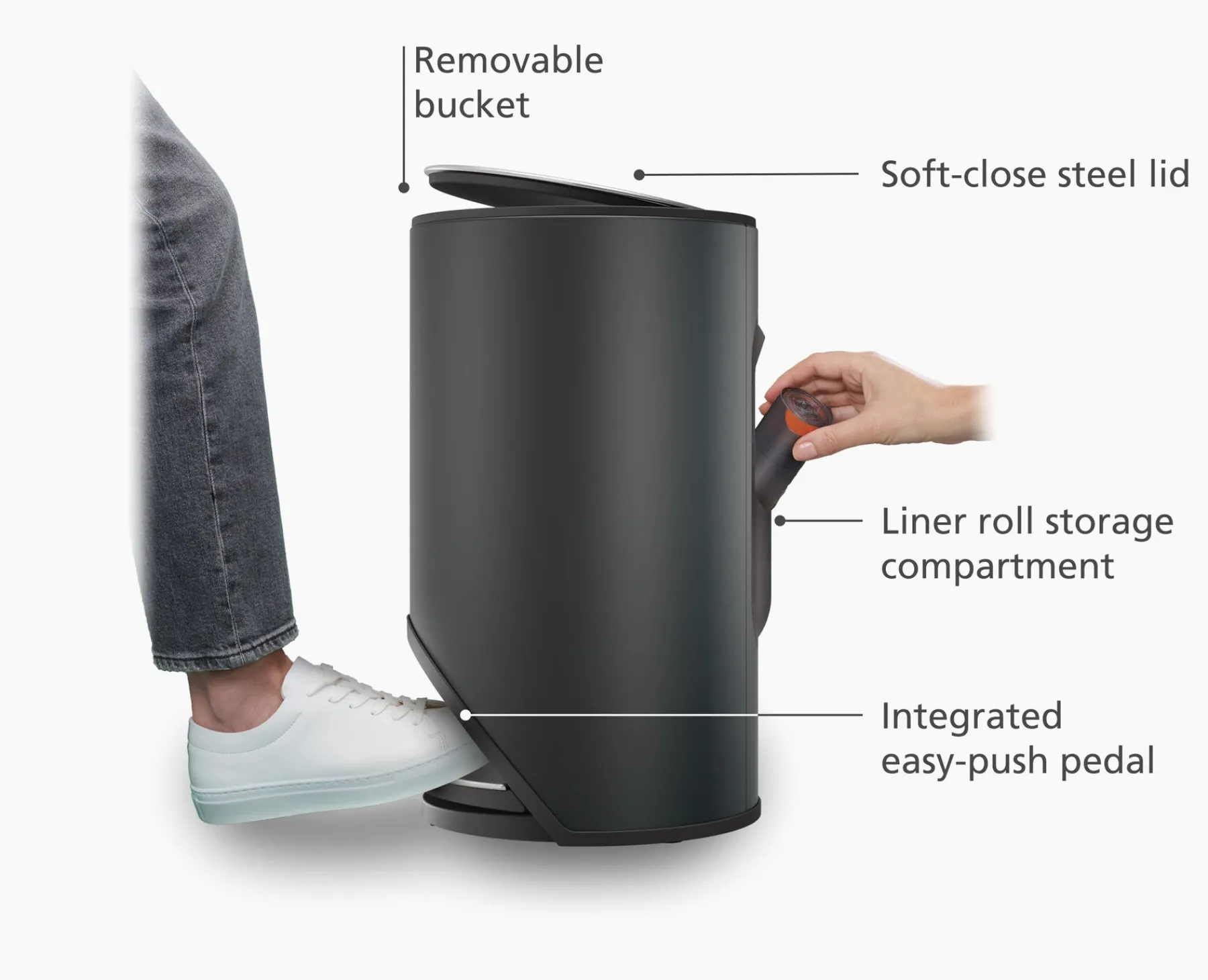 Trash Cans-Joseph Joseph Arc™ 10L Easy-push Matt Pedal Trash Can Black