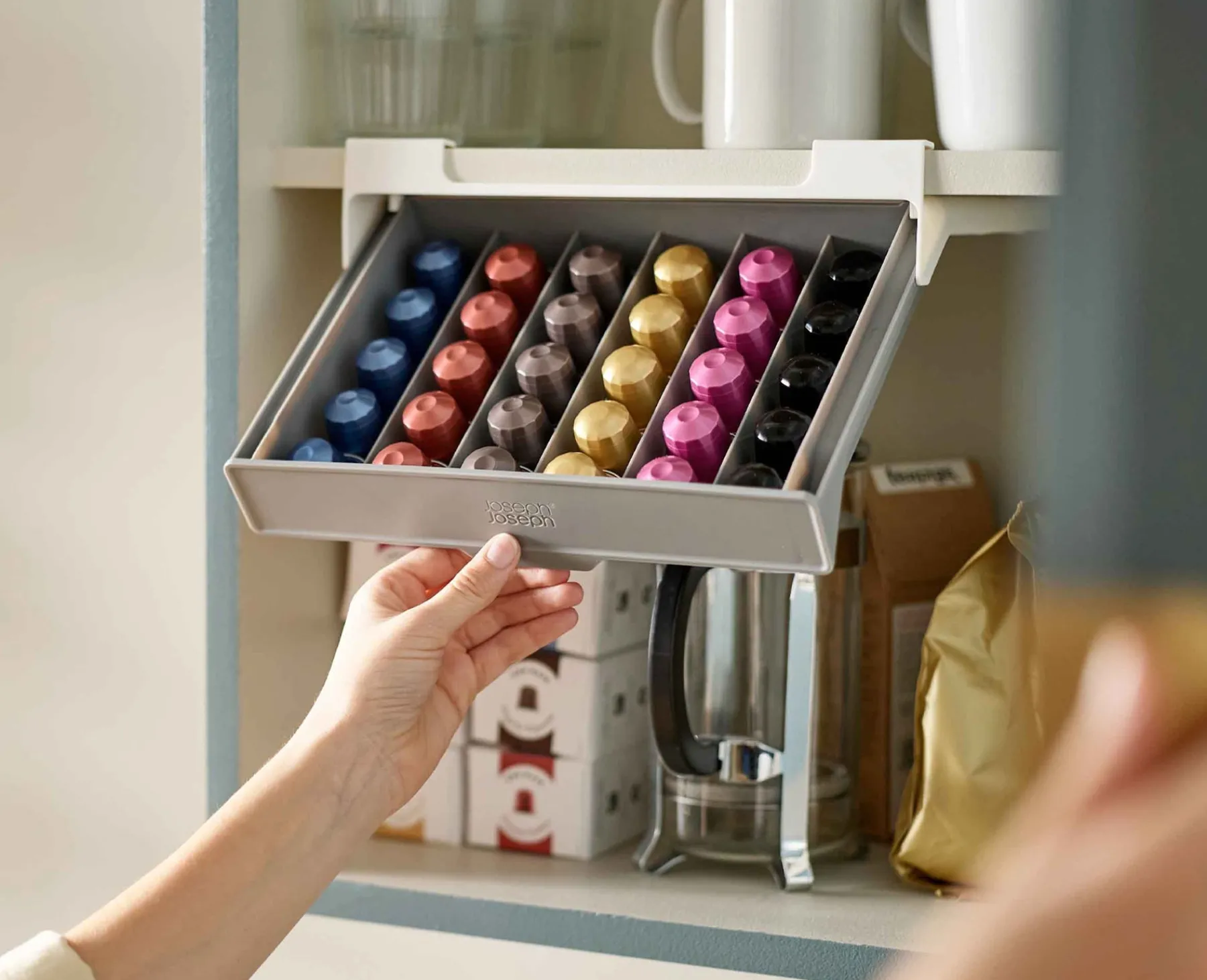 Pantry Organization-Joseph Joseph CupboardStore™ Under-shelf Coffee Pod Drawer Gray