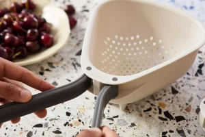 Colanders & Strainers-Joseph Joseph Droplet Large White Colander with Folding Handle Stone
