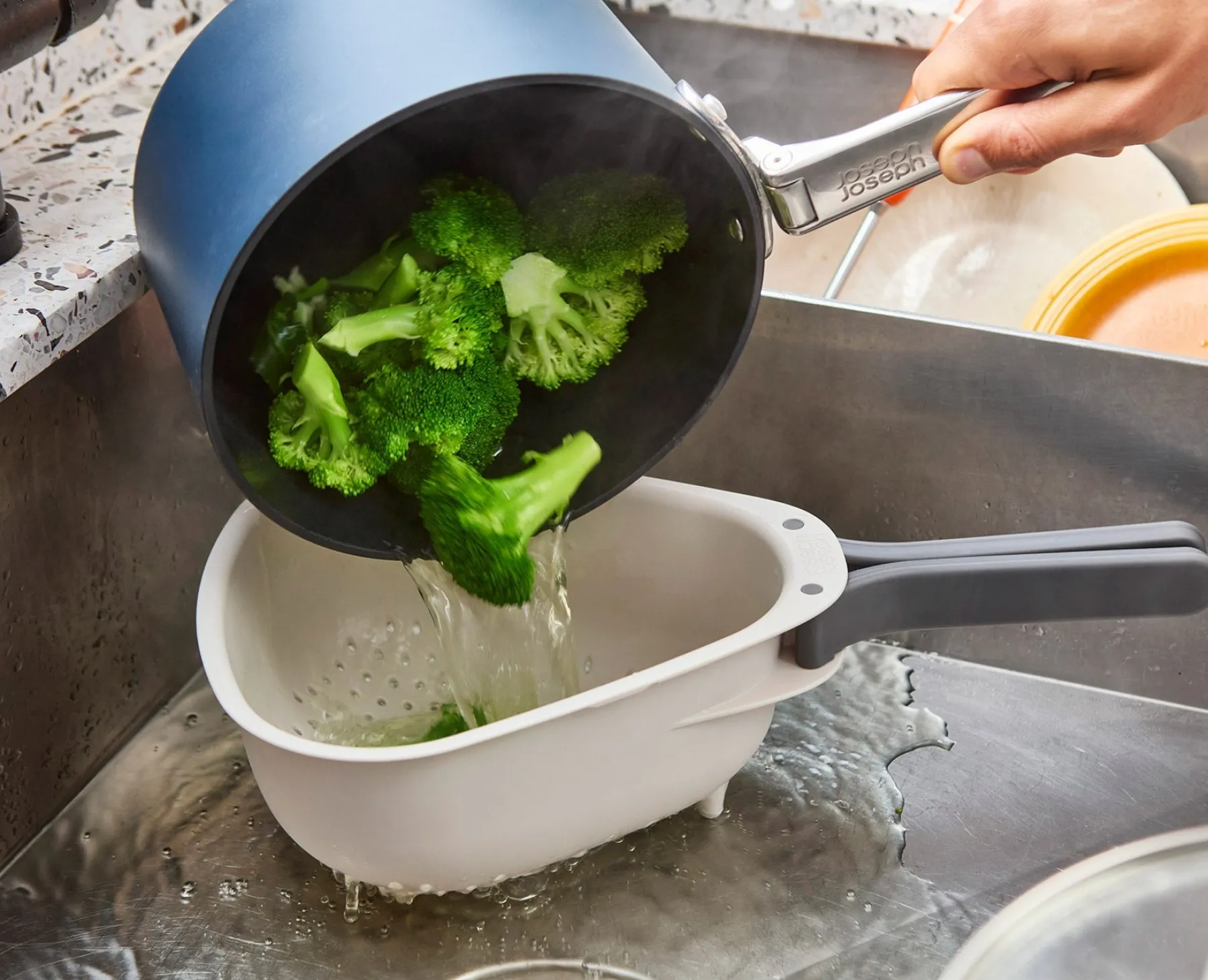 Colanders & Strainers-Joseph Joseph Droplet Large White Colander with Folding Handle Stone