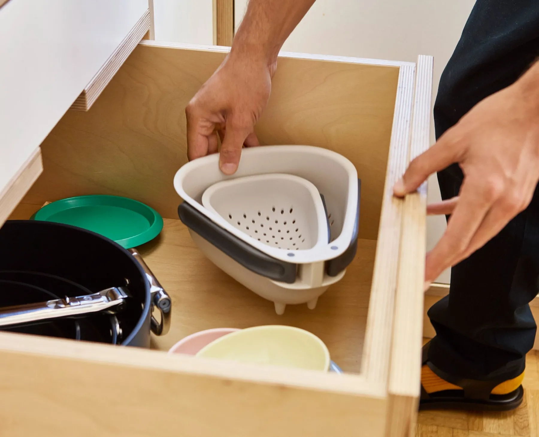 Colanders & Strainers-Joseph Joseph Droplet Large White Colander with Folding Handle Stone