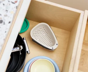 Colanders & Strainers-Joseph Joseph Droplet Mini White Colander with Folding Handle Stone