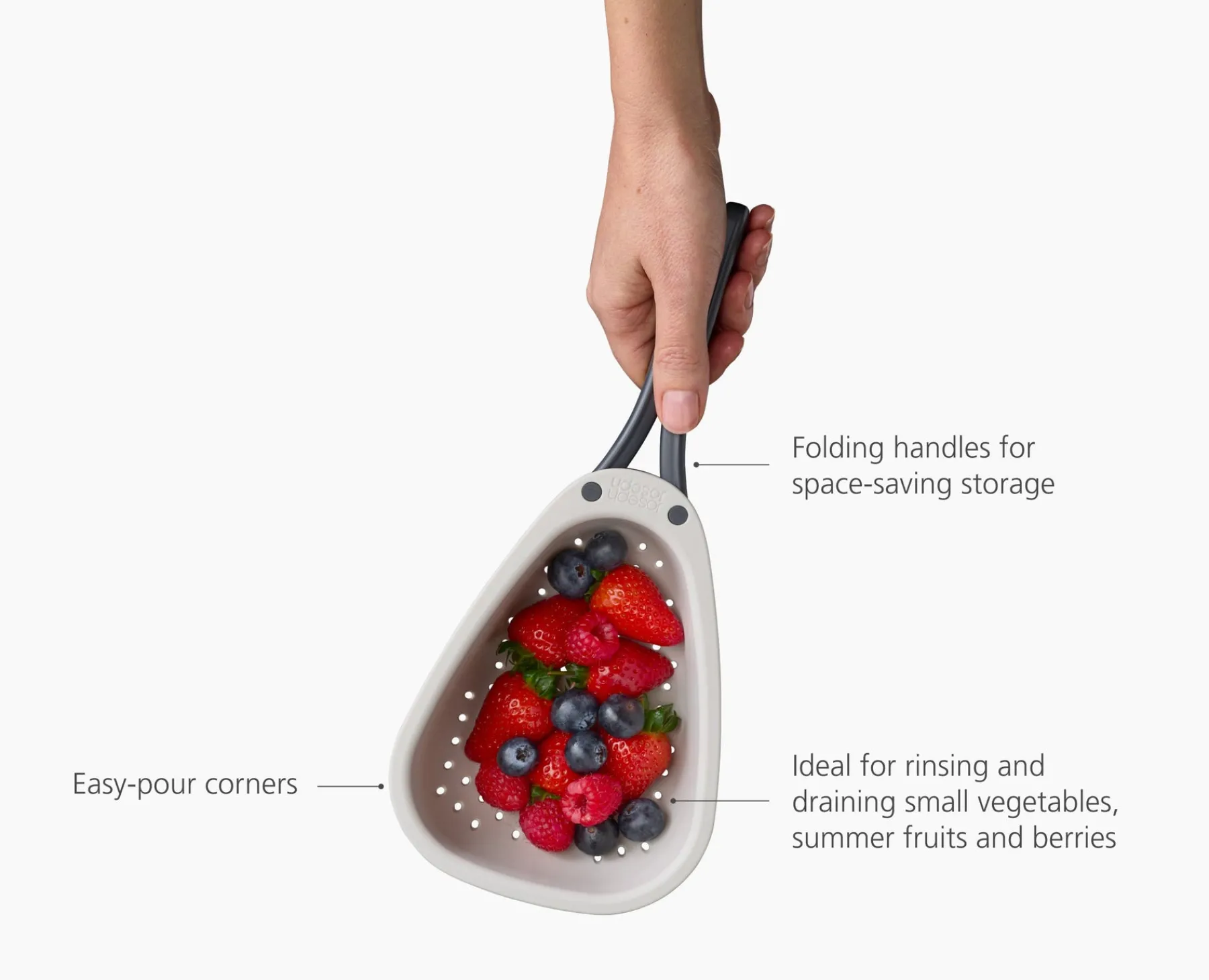 Colanders & Strainers-Joseph Joseph Droplet Mini White Colander with Folding Handle Stone