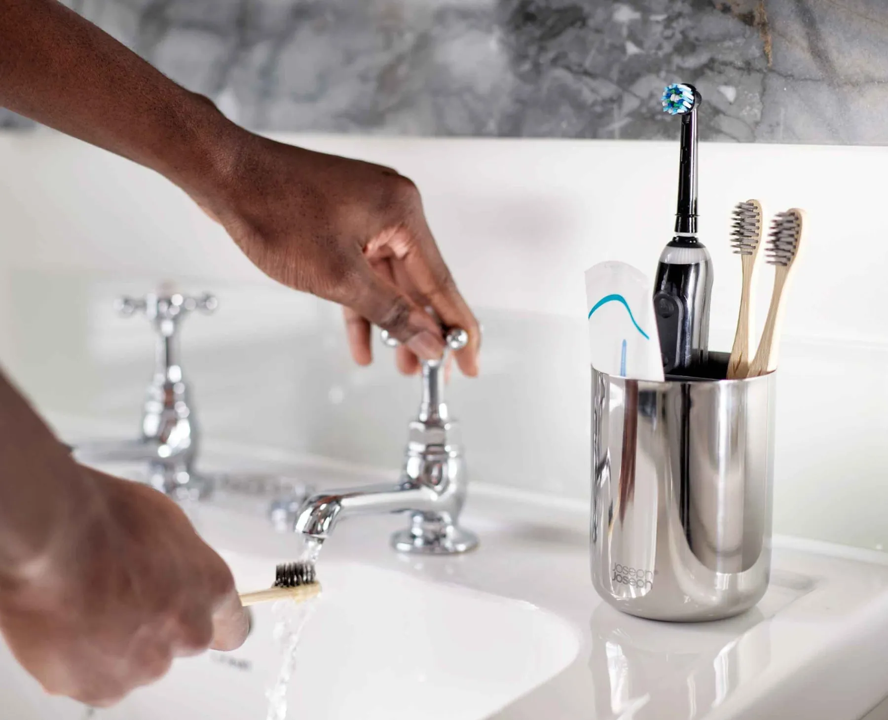 Toothbrush Holders-Joseph Joseph EasyStore™ Luxe Toothbrush Caddy Stainless-steel