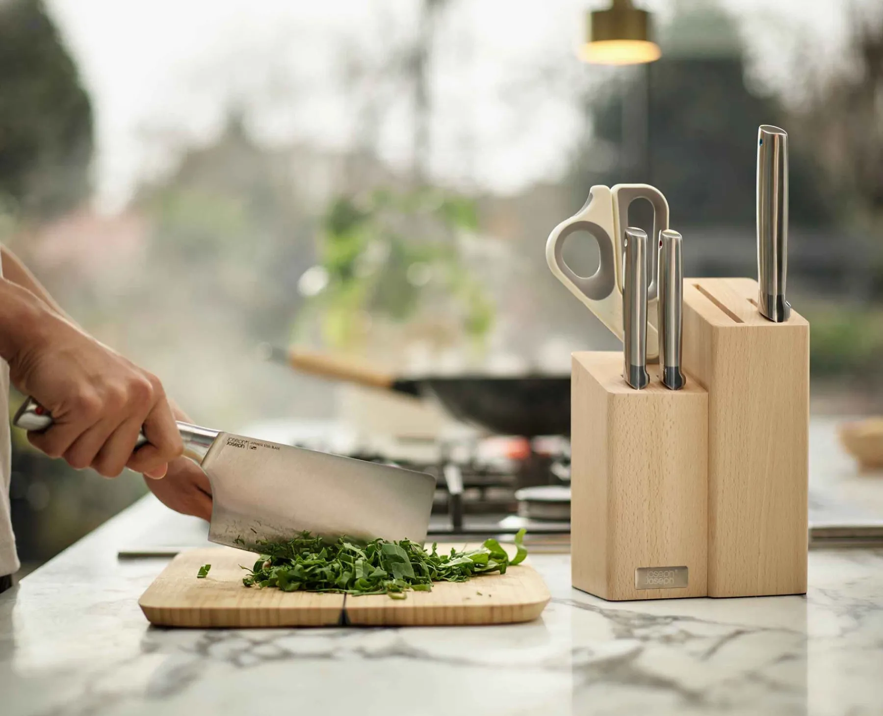 Knives, Knife Sets & Scissors-Joseph Joseph Elevate™ Fusion 5-piece Knife & Scissor Set with wood Block Beech