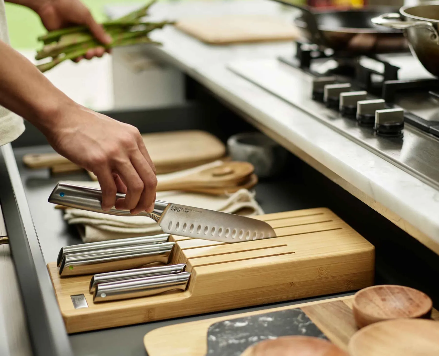 Knives, Knife Sets & Scissors-Joseph Joseph Elevate™ Steel Knife Set with In-drawer Storage Tray Bamboo