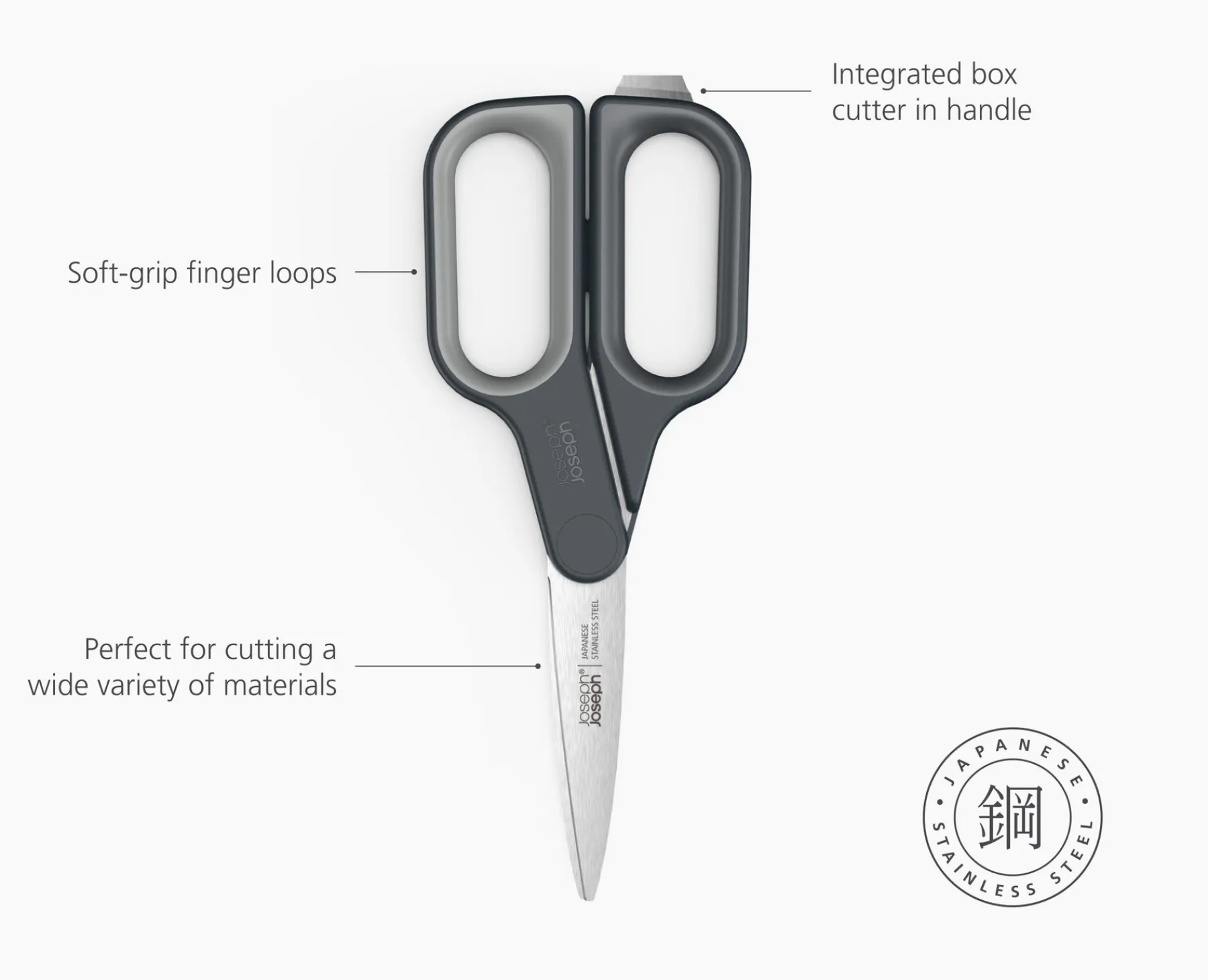 Knives, Knife Sets & Scissors-Joseph Joseph PlusCut™ Scissors with Integrated Box Cutter Gray