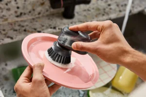 Dish Brushes & Scrubbers-Joseph Joseph SinkTech™ Compact Soap Dispensing Dish Brush with Steel Stand Clear