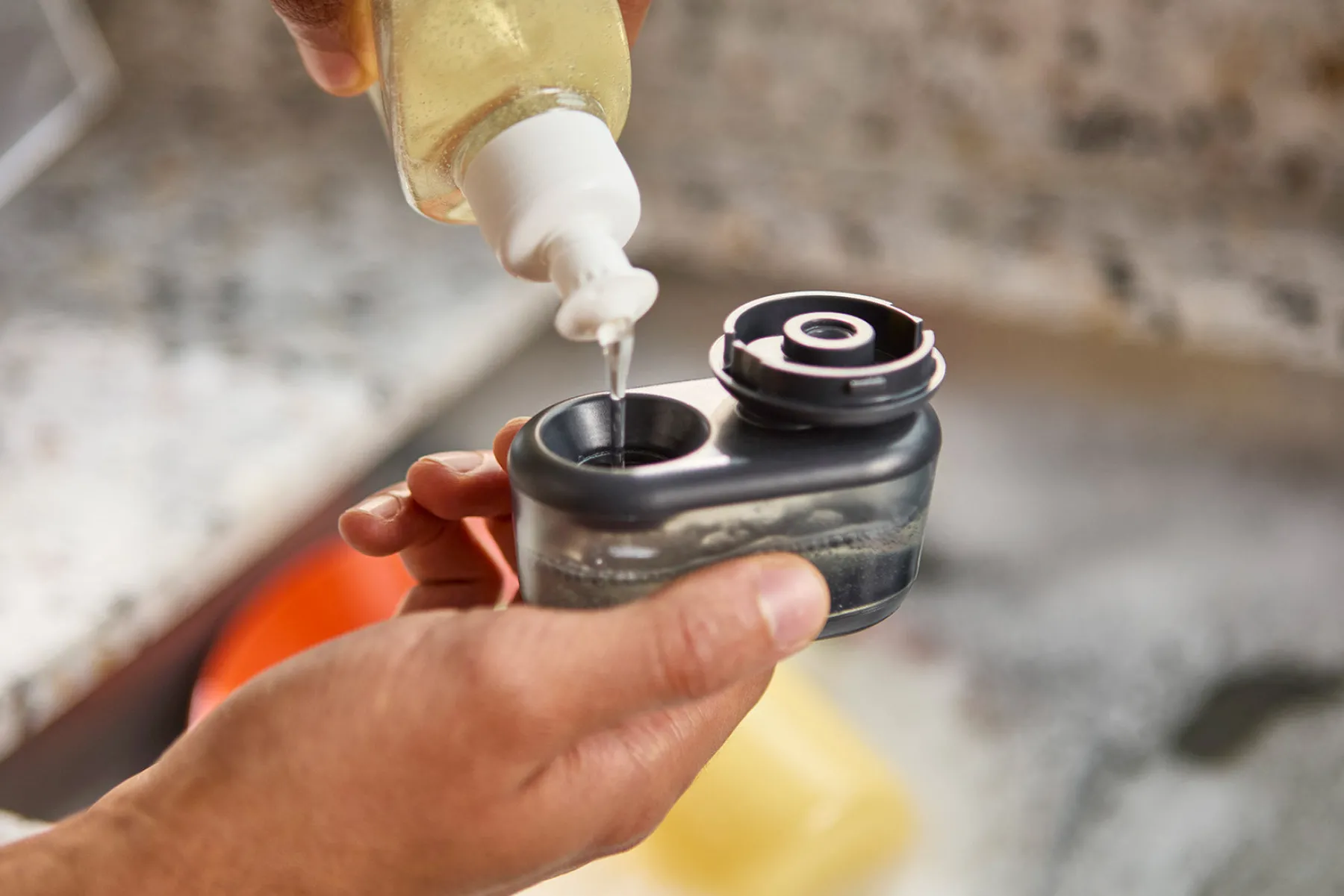 Dish Brushes & Scrubbers-Joseph Joseph SinkTech™ Compact Soap Dispensing Dish Brush with Steel Stand Clear