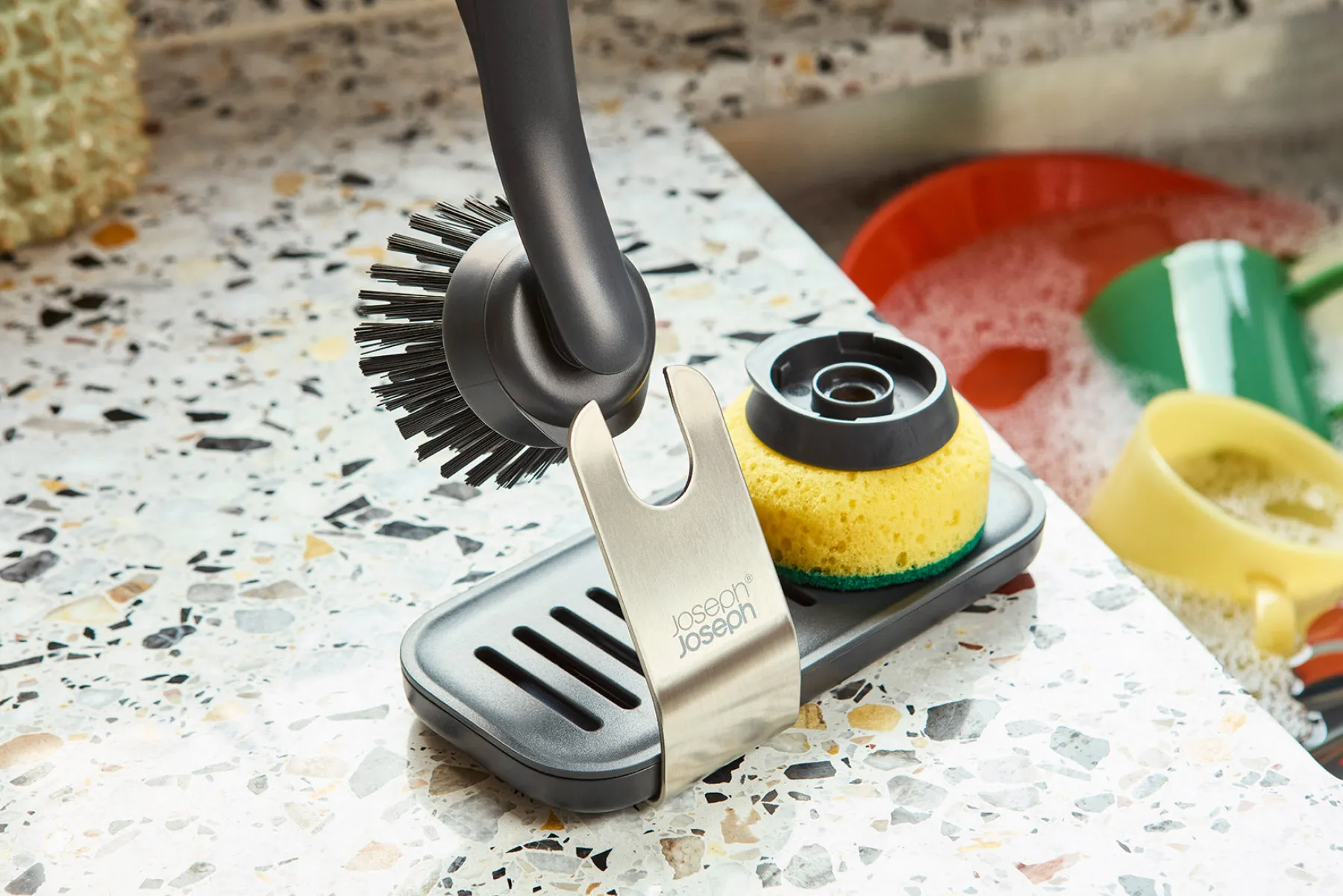 Dish Brushes & Scrubbers-Joseph Joseph SinkTech™ Dish Brush & Sponge Set with Steel Stand Gray