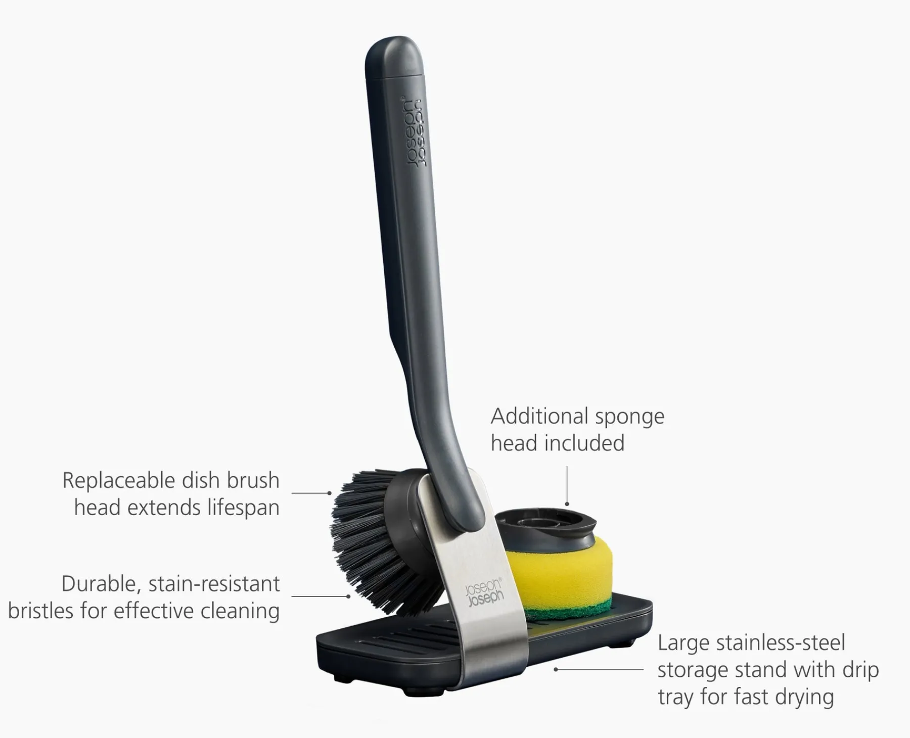 Dish Brushes & Scrubbers-Joseph Joseph SinkTech™ Dish Brush & Sponge Set with Steel Stand Gray