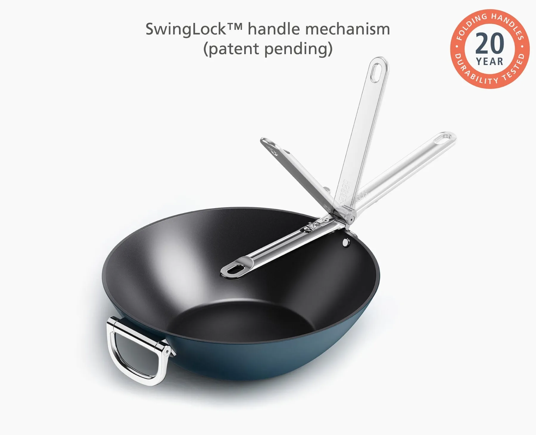 Pots & Pans-Joseph Joseph Space Folding Handle Ceramic Non-stick 12.5" Wok Blue