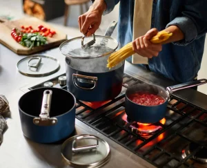 Pots & Pans-Joseph Joseph Space Folding Handle Ceramic Non-stick 5.4 Qt. Saucepan & Lid Blue