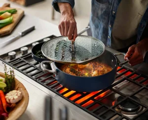 Pots & Pans-Joseph Joseph Space Folding Handle Ceramic Non-stick 5 Qt. Shallow Casserole Pan & Lid Blue