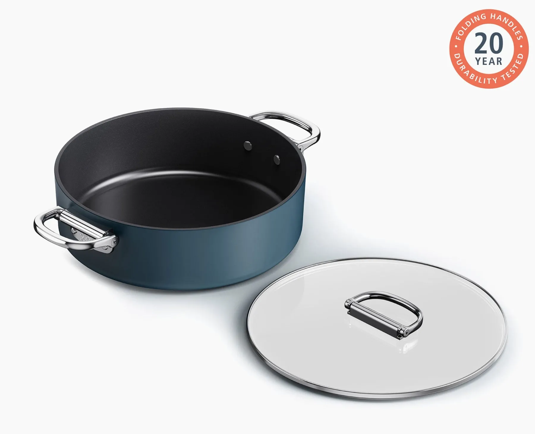 Pots & Pans-Joseph Joseph Space Folding Handle Ceramic Non-stick 5 Qt. Shallow Casserole Pan & Lid Blue