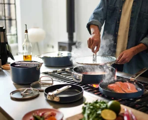 Pots & Pans-Joseph Joseph Space Folding Handle Ceramic Non-stick 10-piece Cookware Set Blue