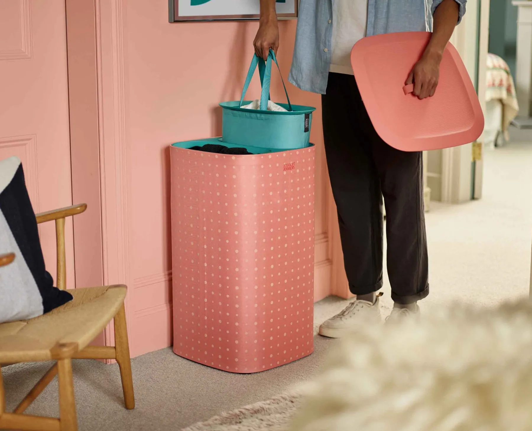 Laundry Baskets-Joseph Joseph Tota Pop 60L Laundry Separation Basket Coral