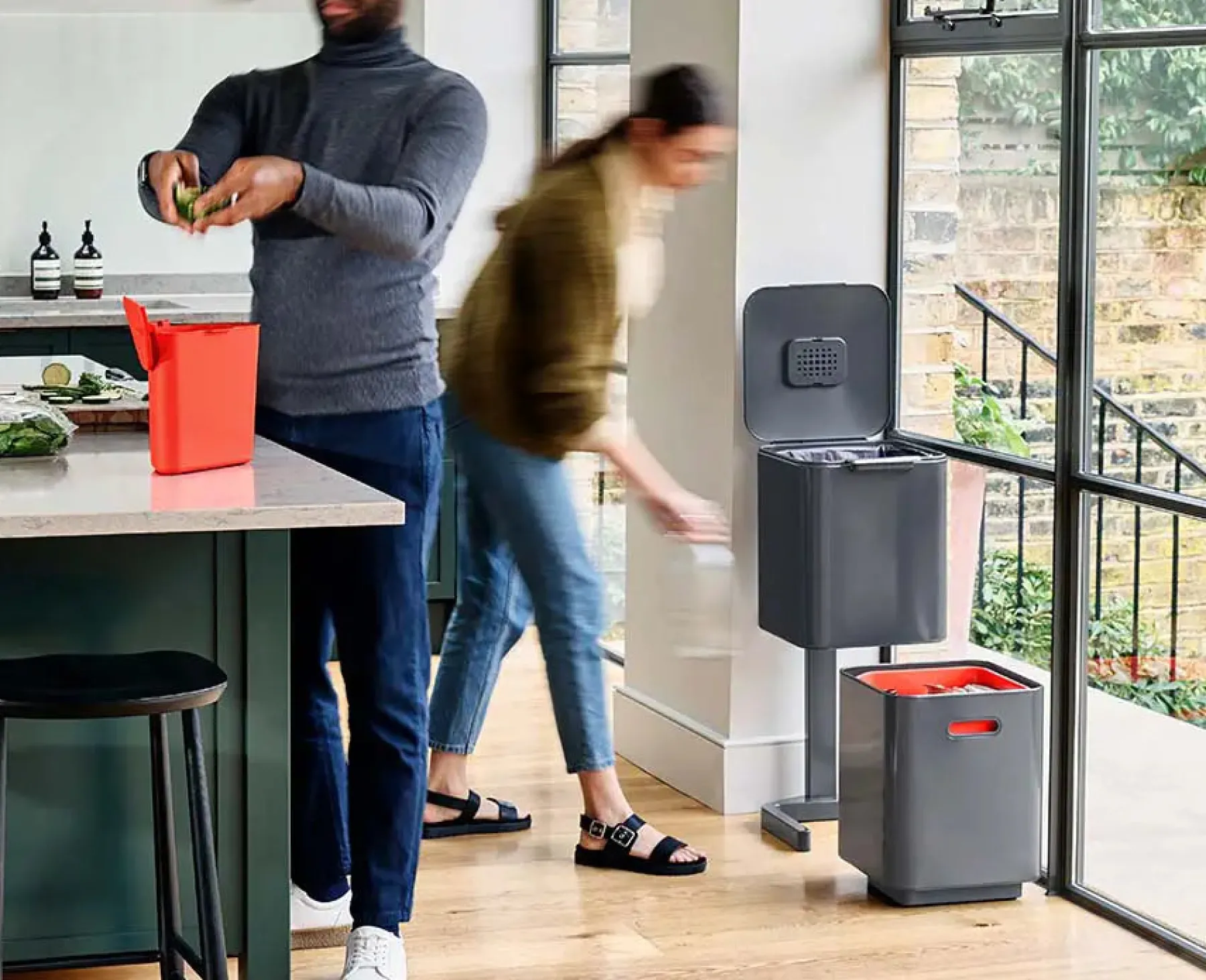 Dual Compartment Trash Cans-Joseph Joseph Totem Compact 40L Waste & Recycling Trash Can Starter Set Gray