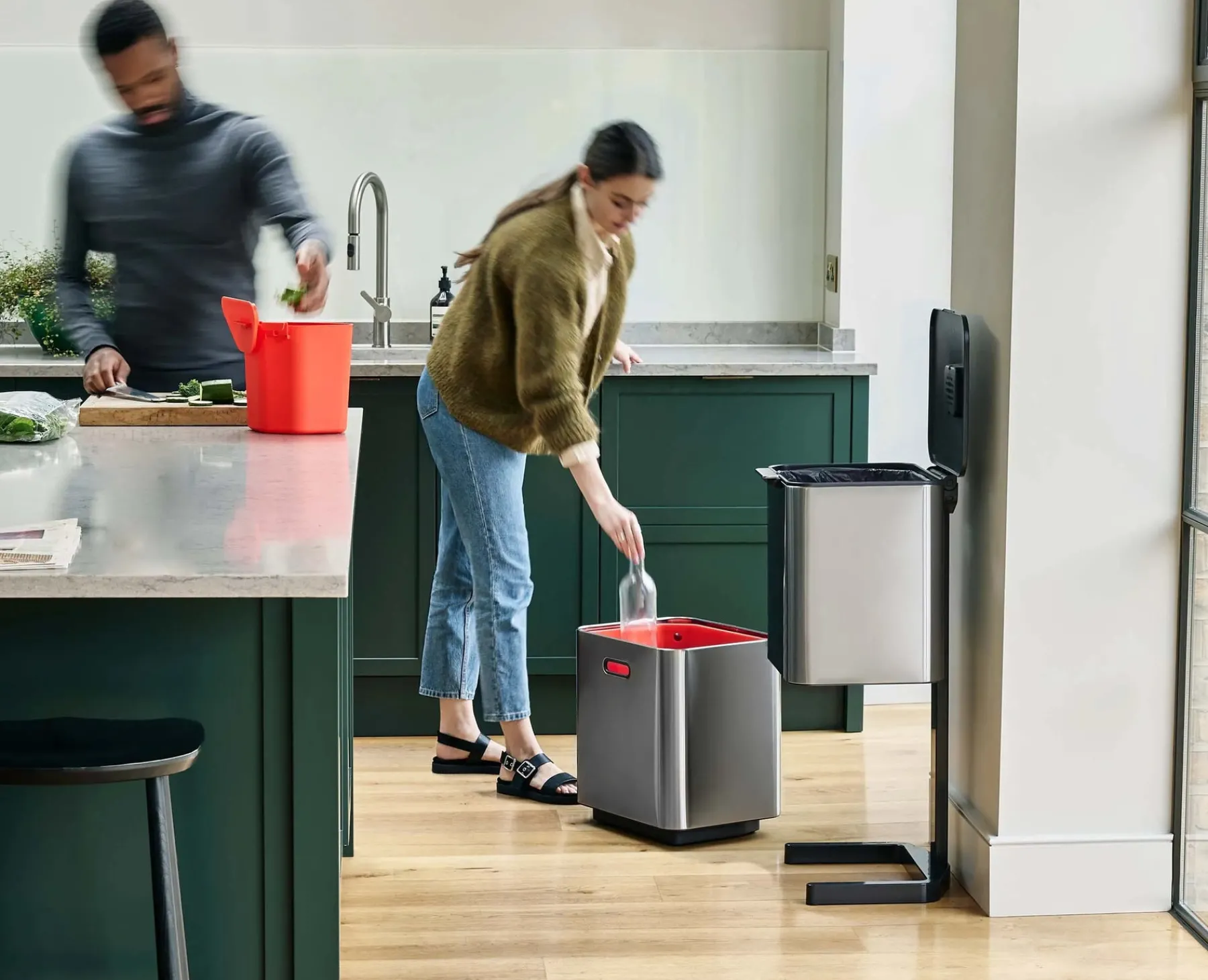 Dual Compartment Trash Cans-Joseph Joseph Totem Max 60L Waste & Recycling Trash Can Starter Set Stainless-Steel